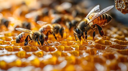 Honeybees working on honeycomb, close-up.