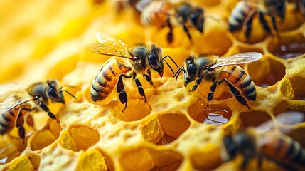 Honeybees working on honeycomb, close-up. (1)