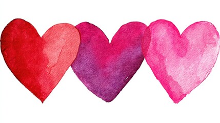 Three Watercolor Hearts in Red Purple and Pink on a White Background Ideal for Valentine's Day and Romantic Themes