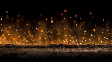 Abstract Background with Sparkling Golden Particles Dust Glittering Above Dark Surface in Studio Shot