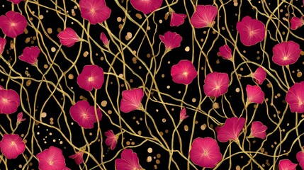 Abstract Floral Pattern with Pink Flowers Golden Lines and Dark Background