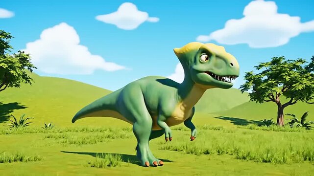 3D Cartoon Dinosaur Standing on a Grassy Field Under a Blue Sky