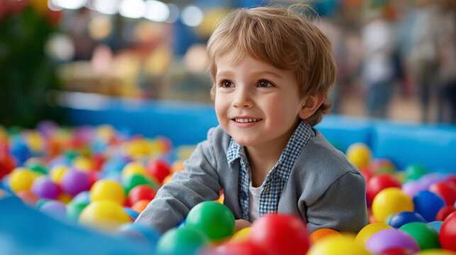 Laughing child boy having fun in ball pit faceless, birthday party in kids amusement park, indoor play center, colorful balls in playground pool, defocused background, with copy sp