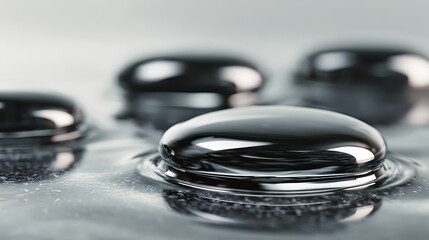 Macro Shot of Silver Mercury Drops on Reflective Surface with Light and Shadow Play Creating Reflections and Surface Tension Emphasized