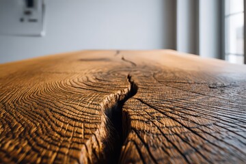 Macro View of Cracked Wooden Table Surface with Visible Grain and Light Streaks in Minimalist Setting