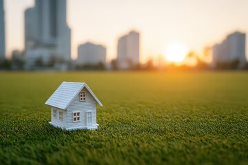 Miniature White House on Green Grass at Sunset with Cityscape Background Real Estate Dream Investment and Housing Development concept