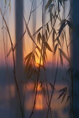 Abstract Warm Sunset Light Through Bamboo Silhouette with Soft Focus and Ethereal Glow Creates Tranquil Atmospheric Scene in Nature Inspired Art