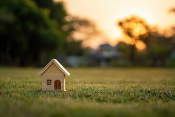 Miniature Wooden House on Green Grass Field at Sunset