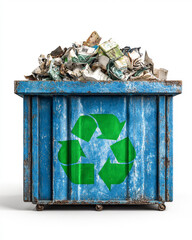 an industrial blue container with scrap inside, and behind a large green recycle simbol on a white background