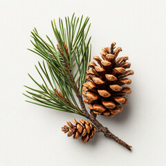 Pine cone with pine branch on white background