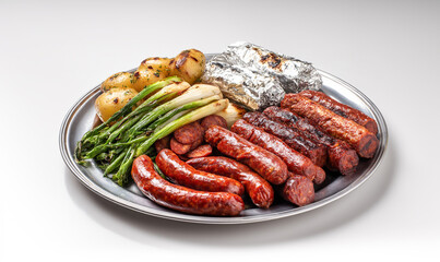 A large serving platter with whole sausages, Argentinian chorizo, Argentinian chistorra, classic chorizo, accompanied by grilled spring onions and potatoes wrapped in aluminum foil