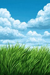Vibrant Green Grass Field under a Bright Blue Sky with Fluffy White Clouds in Pixel Art Style on Sunny Day for Background with Calm Peaceful Nature