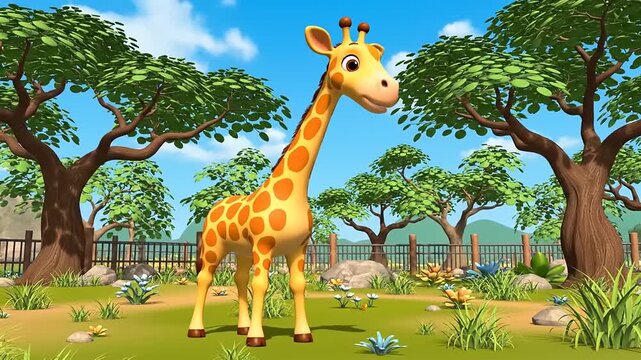 3D Cartoon Giraffe in a Zoo Setting with Trees and Fence