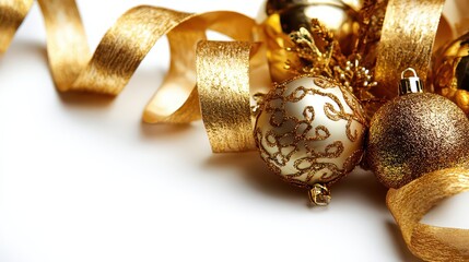 Festive Golden Christmas Ornaments and Ribbon on White Background