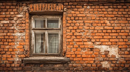 Weathered Brick Wall with Grungy Window and Peeling Paint in Warm Tones