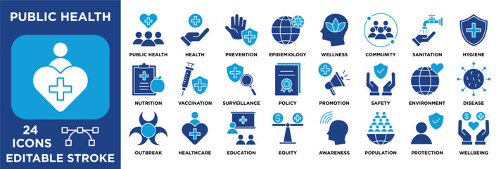 Public health icon collection set. Containing prevention, vaccination, hygiene, epidemiology, community care, safety, and wellness concepts. solid vector illustration