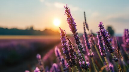 Lavender Field Blossoms Under Setting Sun Landscape with Rows of Purple Flowers Silhouette Trees Against Warm Sky in Rural Countryside