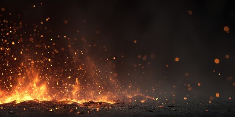 Dramatic Shot of Fiery Embers and Glowing Particles on a Dark Textured Surface Creating a Warm and Intense Visual Effect