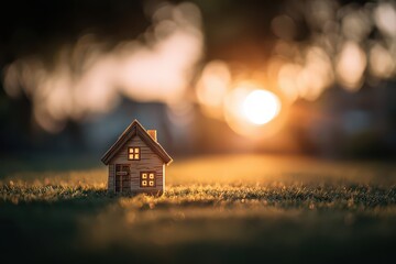 Miniature Wooden House Model on Green Grass with Bokeh Background and Sunset Light Property Investment Concept