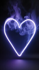 Neon Blue Heart Shape Glowing with Smoke on Black Background Reflecting on the Surface