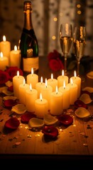 Romantic candlelight dinner setting with champagne and roses on a wooden table
