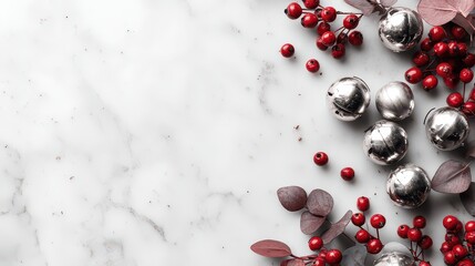Silver Jingle Bells and Red Berries on White Marble Background Festive Still Life