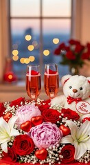 Romantic champagne toast with floral arrangement and teddy bear at sunset