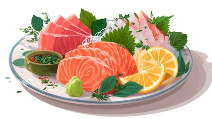 Japanese Sashimi Platter Vector Illustration on White Background
