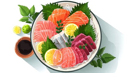 Japanese Sashimi Platter Vector Illustration on White Background
