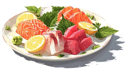 Japanese Sashimi Platter Vector Illustration on White Background
