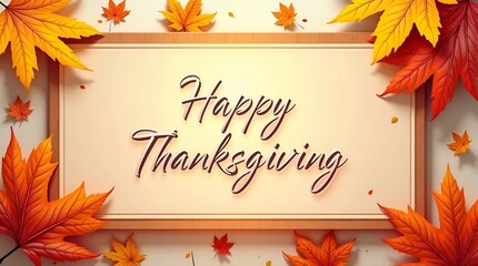 Elegant Thanksgiving card design with flowing Happy Thanksgiving typography, golden and brown leaves, thin beige outline frame, premium look