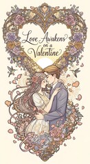 Romantic couple embracing inside heart shaped floral frame for valentines day