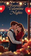 Romantic couple embracing outdoors under string lights and hearts at night