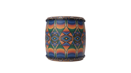 An artistic and colorful drum featuring an intricate pattern.