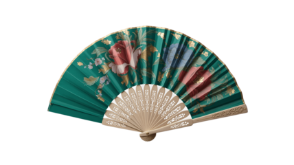 A beautiful and elegant traditional hand fan with green color and floral pattern.