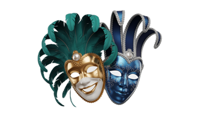 Two ornate masks symbolize hidden identities and festive celebrations.
