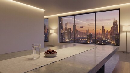 Modern Minimalist Dining Room with Ramadan Dates and Futuristic City Skyline View at Sunset