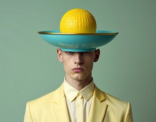 Person in yellow with a high-fashion aesthetic wearing a headpiece resembling a shallow blue bowl topped by a yellow object blending surrealism and couture in a visually arresting imaginative scene.