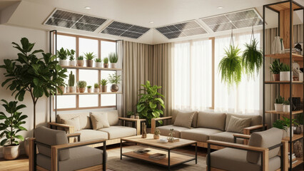Modern living room with lush greenery and solar panels on ceiling