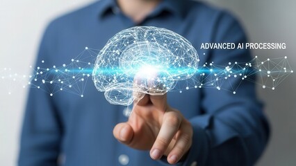 Human hand interacting with digital brain hologram symbolizing neural networks and advanced AI processing systems