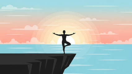 Serene silhouette practicing yoga on cliff edge at sunset