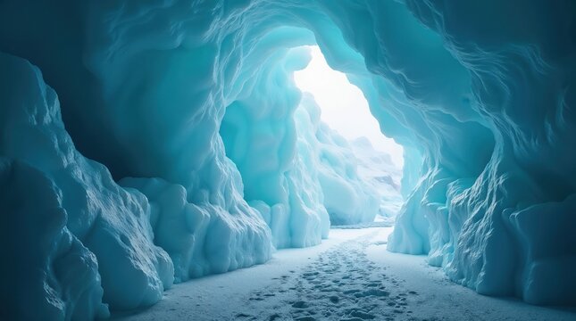 Footprints leading through a massive blue glacial ice cave