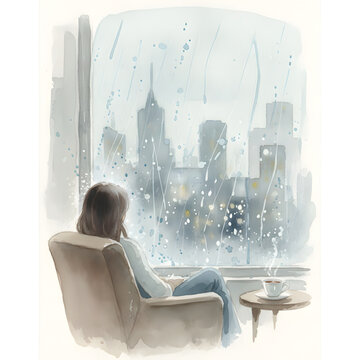Woman sitting in an armchair watching rain fall over a city