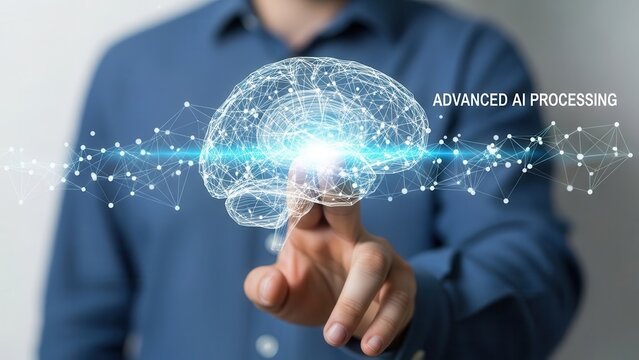 Human hand interacting with digital brain hologram symbolizing neural networks and advanced AI processing systems - Powered by Adobe