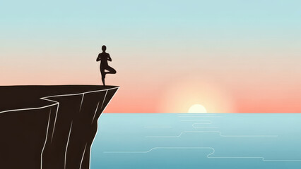 Serene silhouette of a person meditating on a cliff edge at sunset
