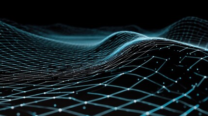 Abstract digital landscape featuring flowing data waves with illuminated grid structure against a dark background for technology themes