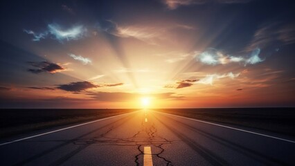 Empty airport runway at dramatic sunset with vibrant sky and sun rays.