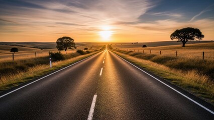 Empty rural road stretching into the sunset with golden light.