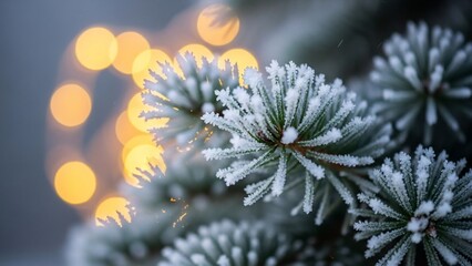 Frosted Pine Branch with Warm Bokeh Lights, Winter Holiday Background.