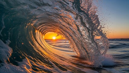 Golden Sunset Through a Perfect Ocean Wave Barrel.